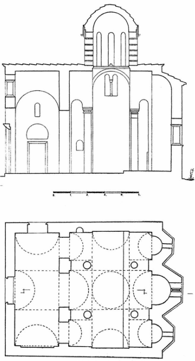 Κάτοψη και τομή κατά μήκος του ναού Αγίων Ασωμάτων Θησείου