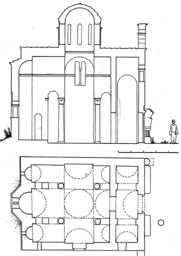 Τομή κατά μήκος και κάτοψη αρχικού βυζαντινού ναού Αγίου Νικολάου Ραγκαβά.