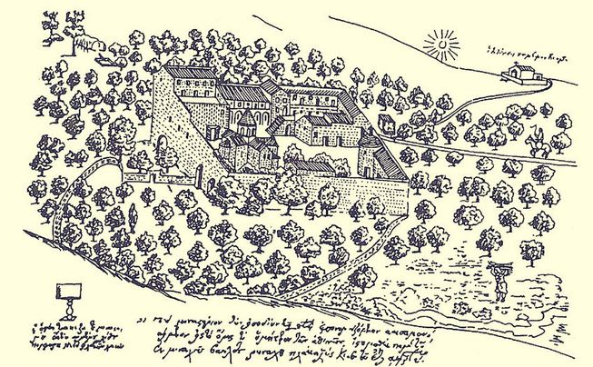 Σχέδιο Μονής Καισαριανής του Μπάρκι 1745 μ.Χ.